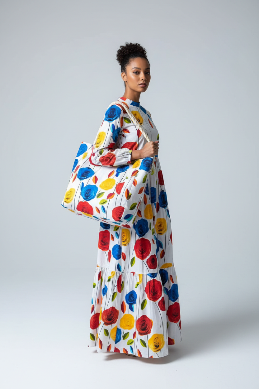 Mixed race model wearing Rose Garden Ankara maxi dress with oversized tote bag
