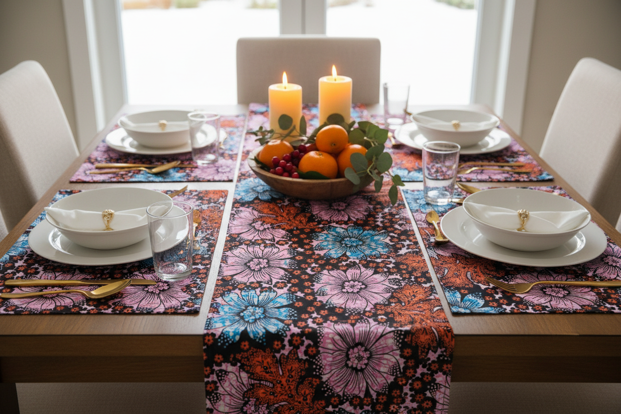 Table runner and placemats made from multicolour polycotton Ankara fabric
