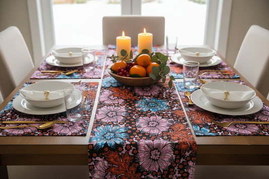 Table runner and placemats made from multicolour polycotton Ankara fabric