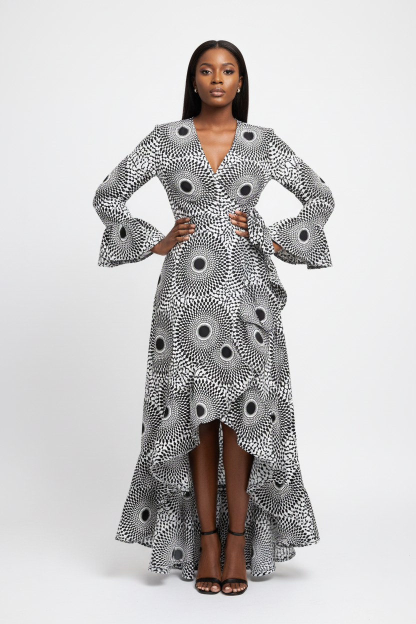 Black and white Ankara Kitenge wrap dress with frills – front pose