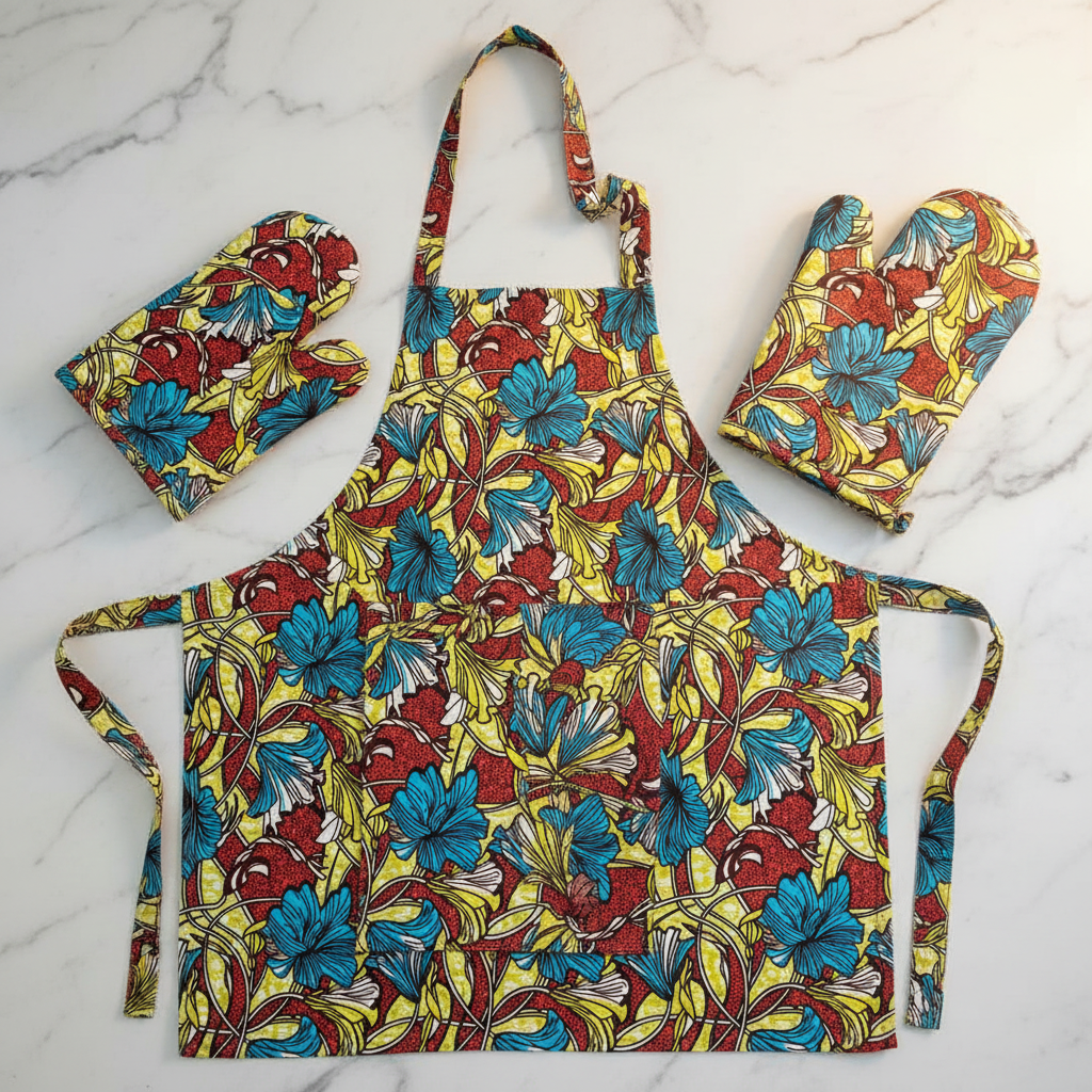 Kitchen apron and oven mitts made from yellow and multicolour polycotton Ankara fabric