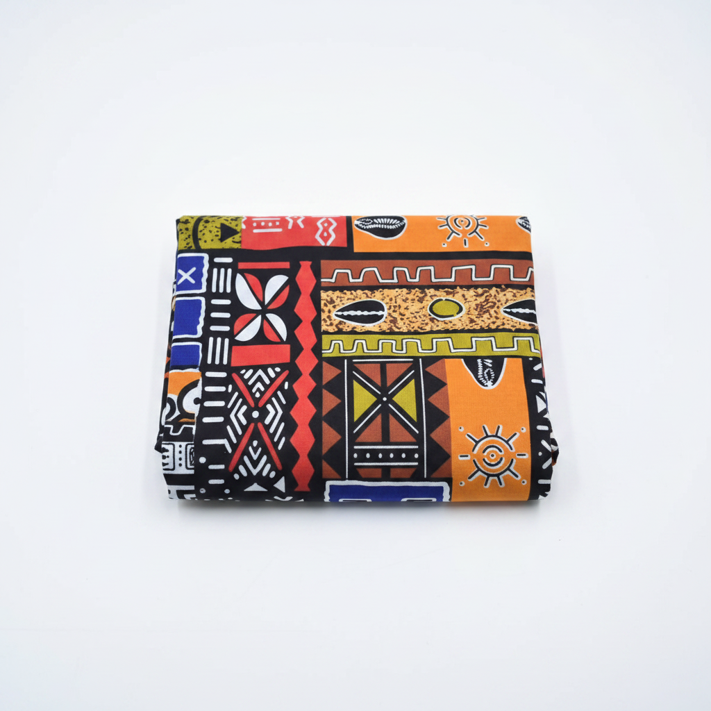 100% cotton African tribal mudcloth fabric flat lay — bold geometric patchwork print, studio product shot on white background