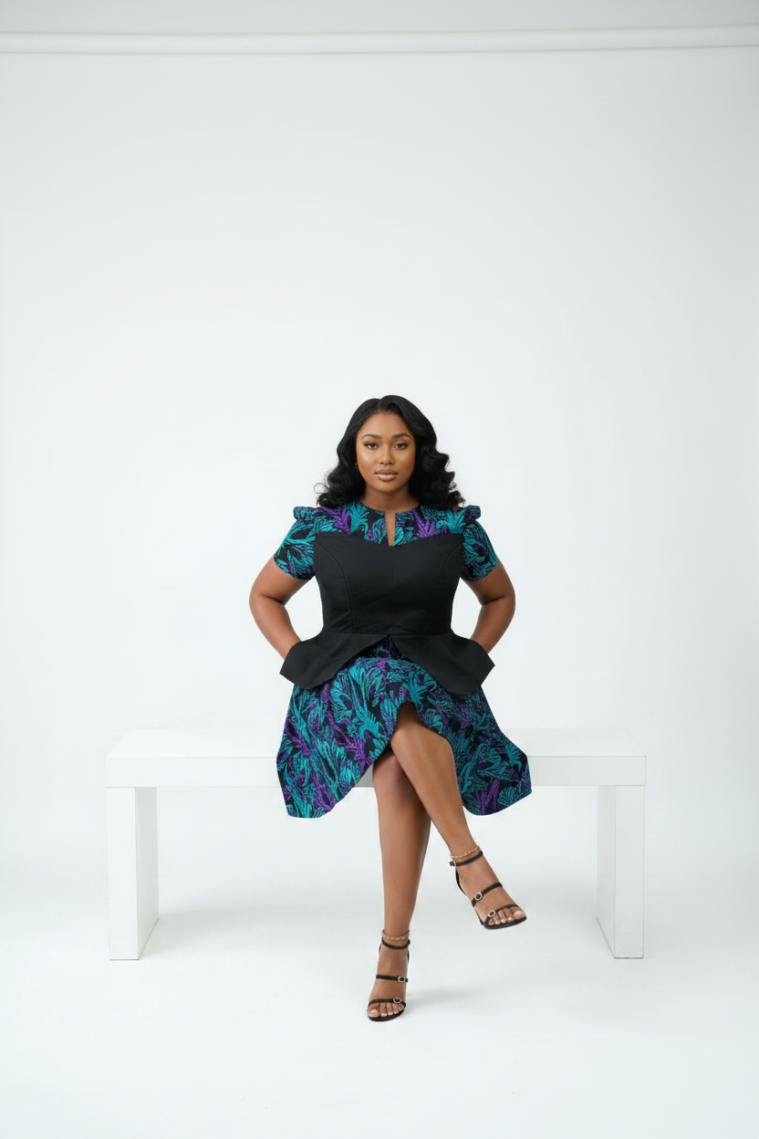 Teal Purple & Black Ankara Dress - Black model, seated pose