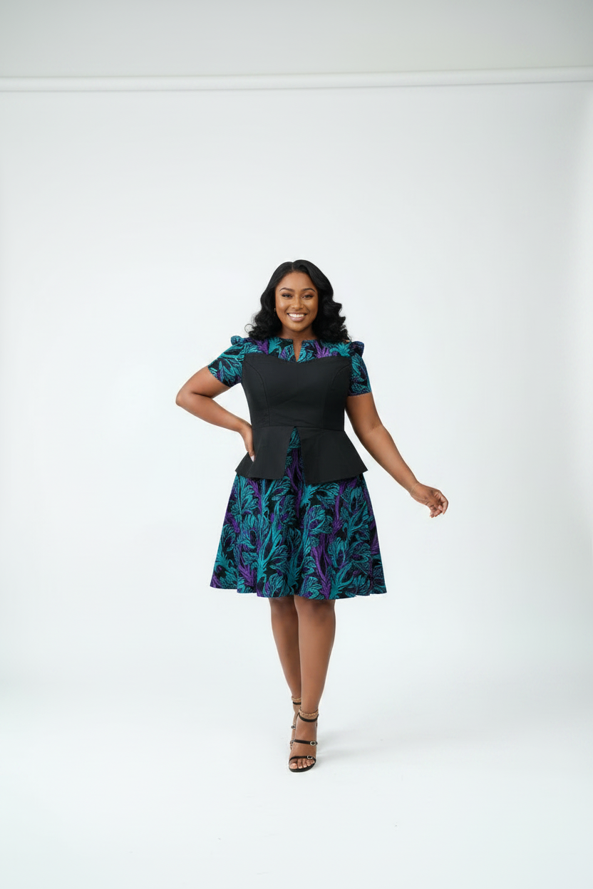 Teal Purple & Black Ankara Dress - Black model, walking pose