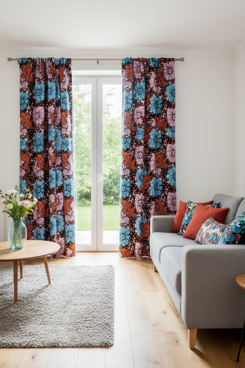 Curtains and window drapes made from multicolour polycotton Ankara fabric