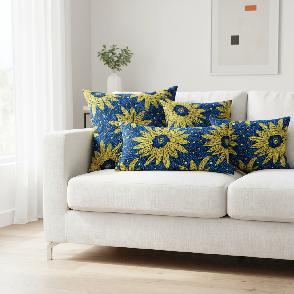 Decorative throw pillows made from yellow and blue polycotton Ankara fabric