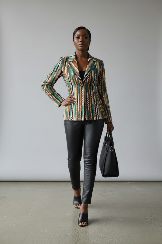 Multicolour Stripe Ankara Blazer - walking pose, styled with black leather trousers and mules - House of Prints