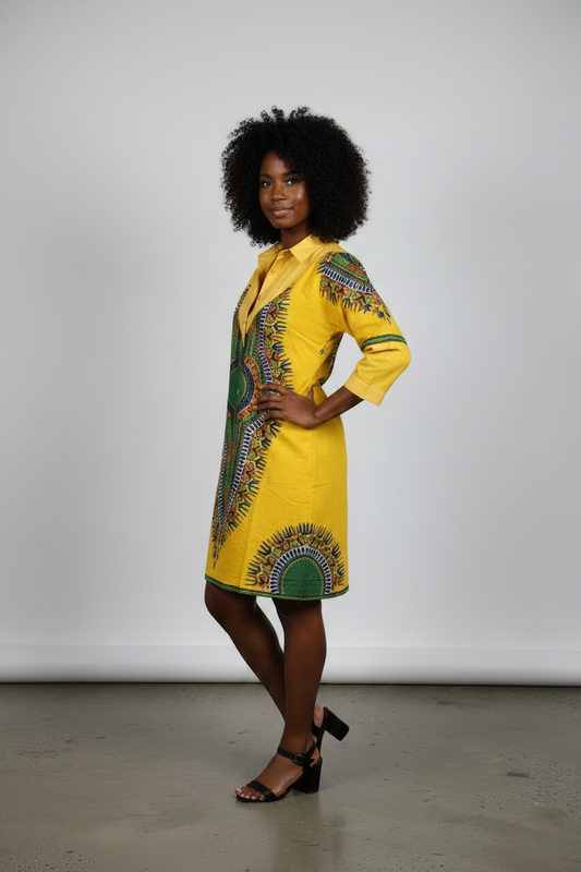 Model wearing Yellow Dashiki Print Shirt Dress – three-quarter turn