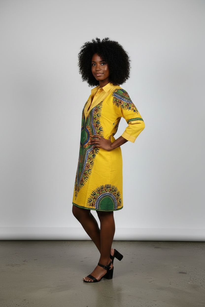 Model wearing Yellow Dashiki Print Shirt Dress – three-quarter turn