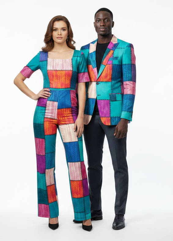 Power couple wearing matching Ankara patchwork outfits