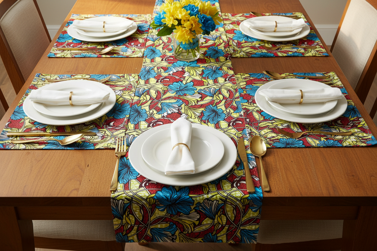 Table runner and placemats made from yellow and multicolour polycotton Ankara fabric