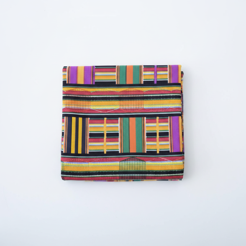 100% cotton Ankara Kente stripe fabric flat lay — multicolour patchwork print, studio product shot on white background