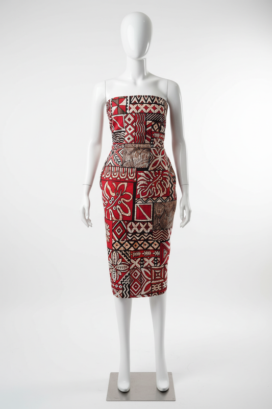 Red tribal patchwork Ankara wax print fabric draped on mannequin
