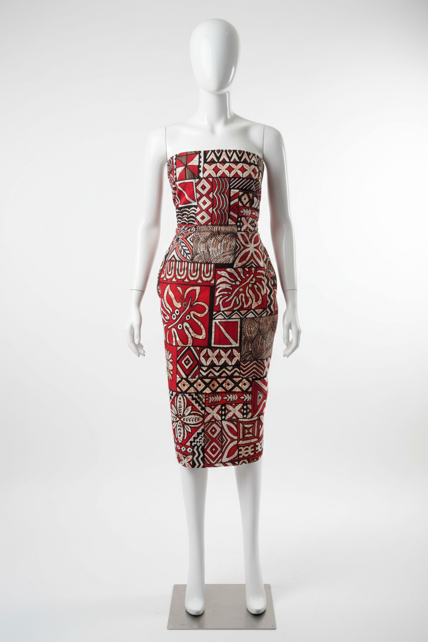 Red tribal patchwork Ankara wax print fabric draped on mannequin