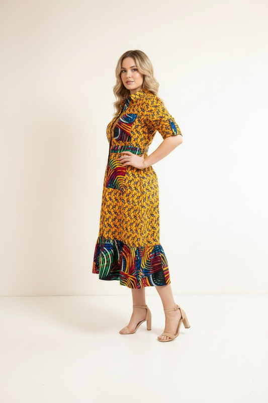 Yellow Multicolour Ankara Shirt Dress - side profile pose, white background