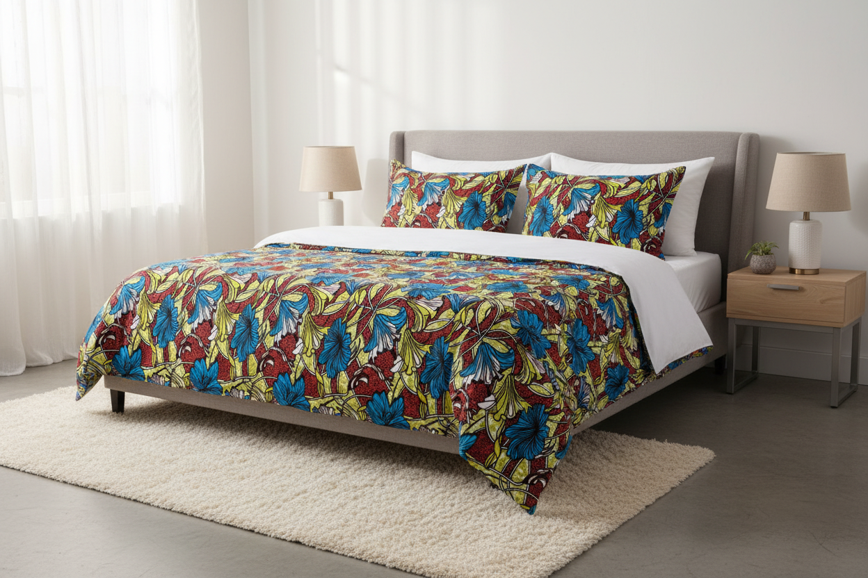 Luxury duvet and bedding set made from yellow and multicolour polycotton Ankara fabric