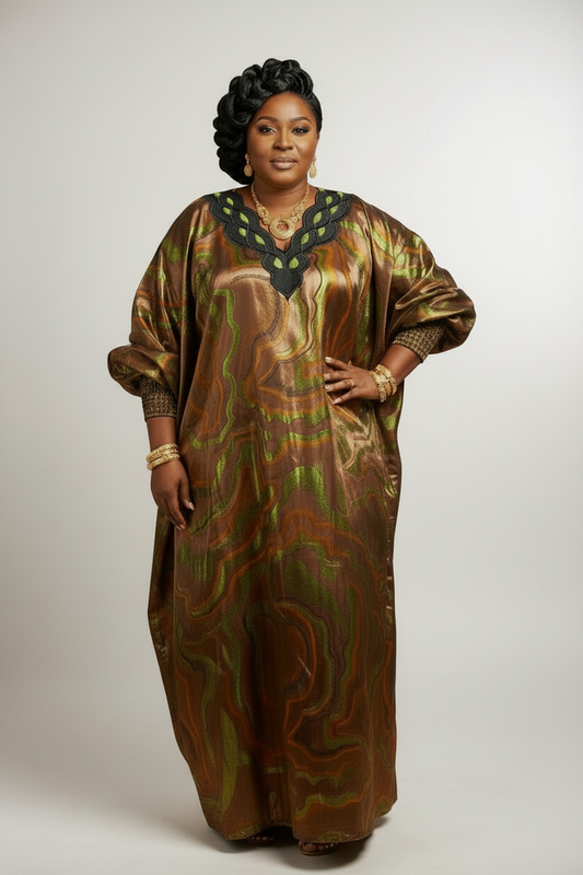 Metallic Marble Maxi Bubu Dress – Green & Brown on model, white background