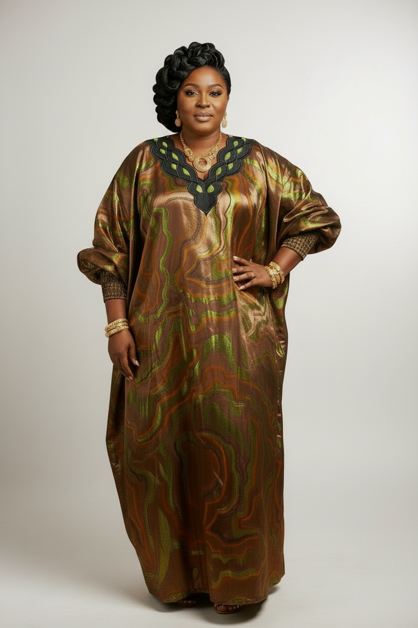 Metallic Marble Maxi Bubu Dress – Green & Brown on model, white background