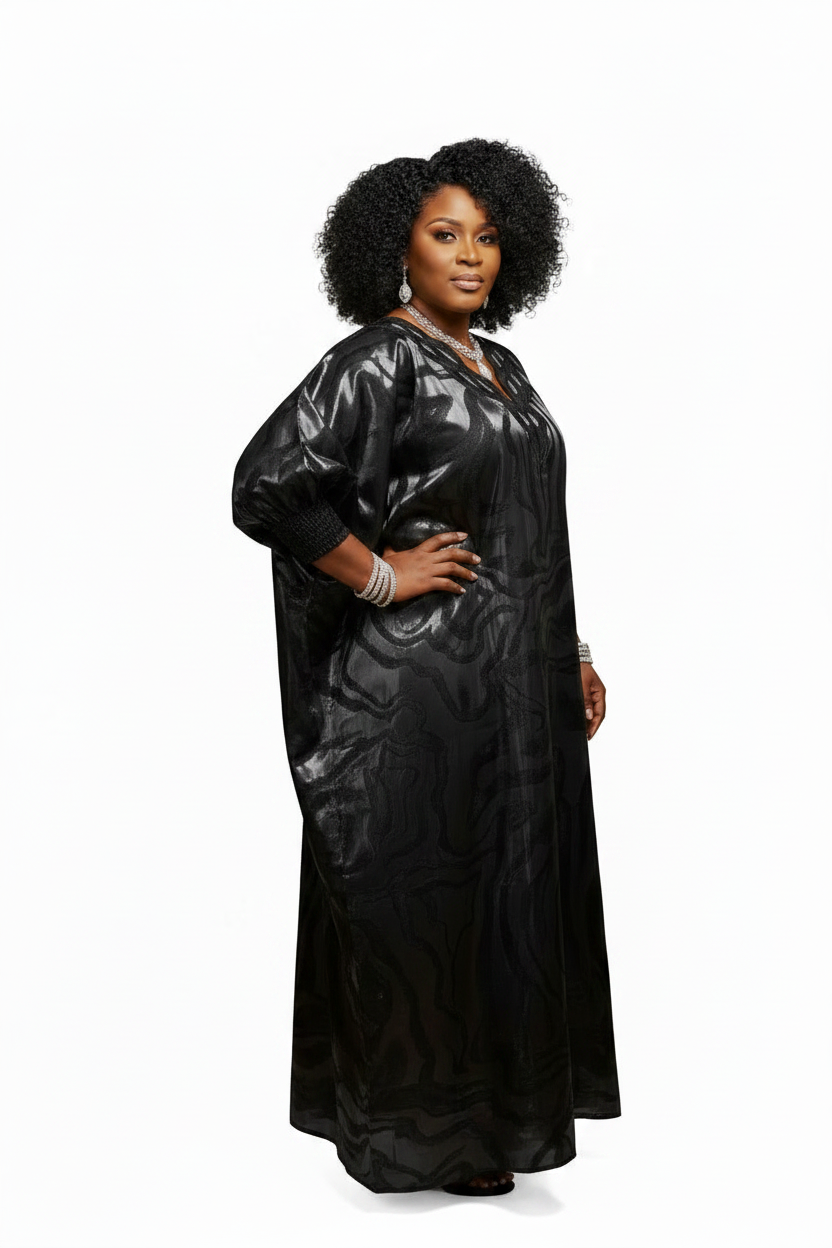 Black Metallic Maxi Bubu Dress on model - three quarter pose