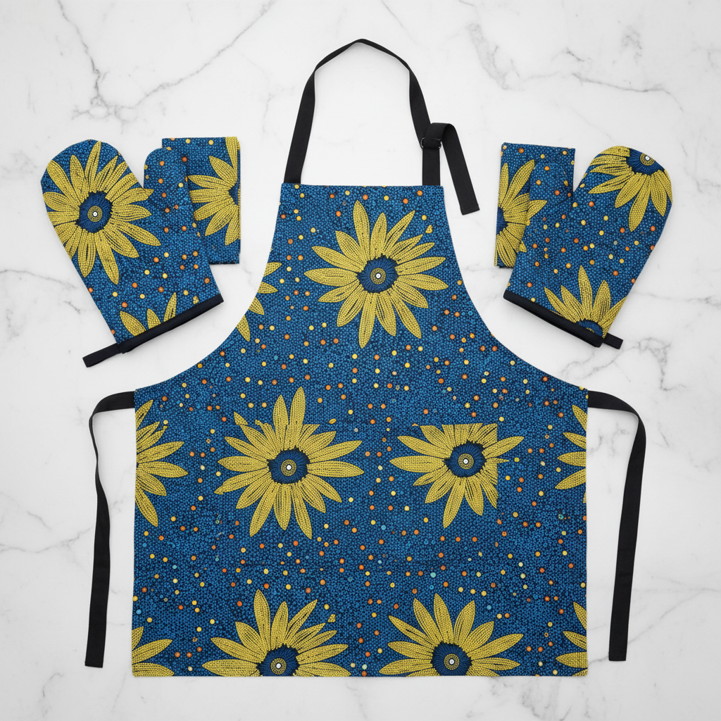 Kitchen apron and oven mitts made from yellow and blue polycotton Ankara fabric