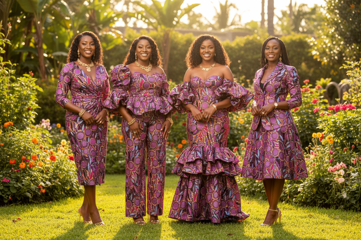 Pink & Brown Embellished Ankara Fabric - four ladies group outfit inspiration, standing pose