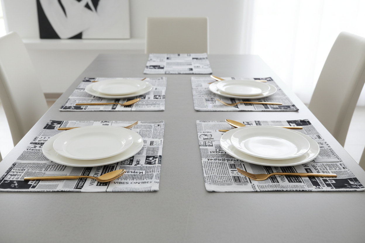 Table runner and placemats made from white and black newspaper print fabric