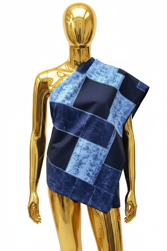 Denim-inspired patchwork Ankara African print fabric draped on a gold metallic mannequin