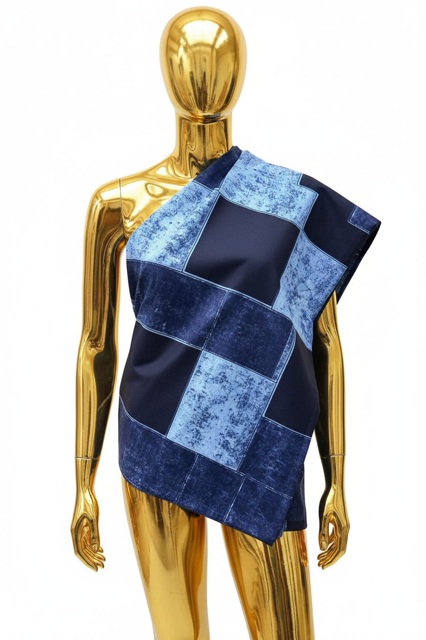 Denim-inspired patchwork Ankara African print fabric draped on a gold metallic mannequin