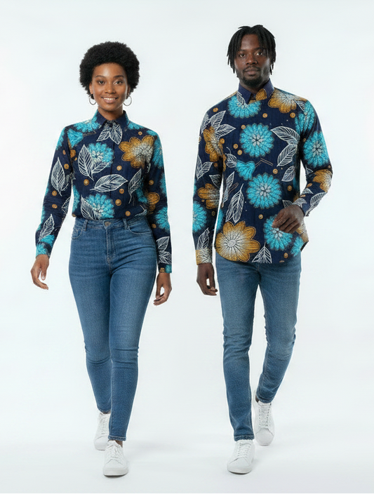 Power couple in Ankara tailored shirts, dynamic walking pose
