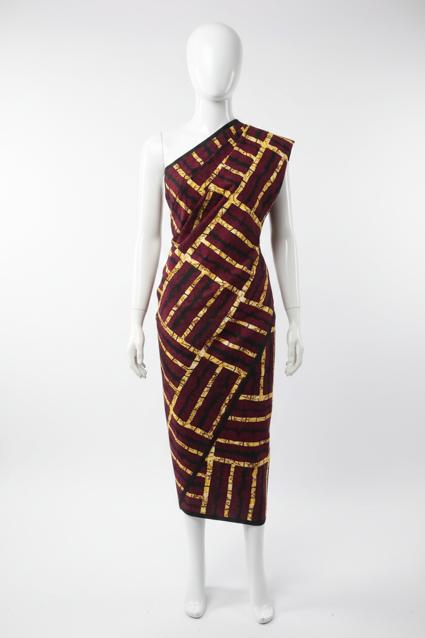 Burgundy and gold maze Ankara wax print fabric draped on mannequin