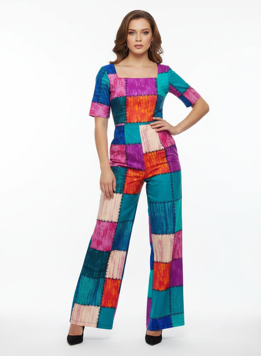 Mixed race female model wearing wide-leg jumpsuit in Ankara patchwork fabric