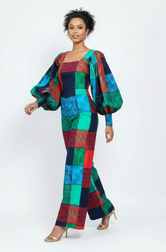 Female model in Ankara jumpsuit, walking pose