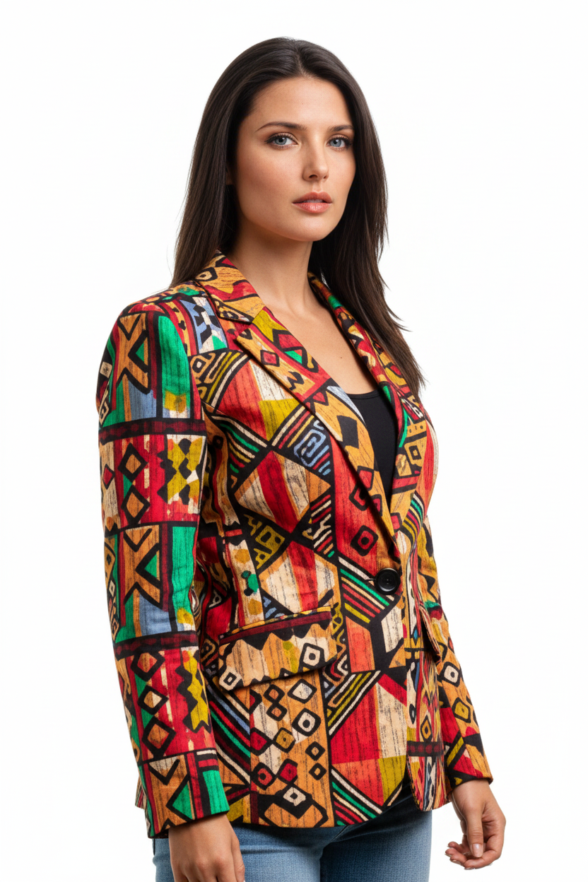 White mixed-race model - tribal Ankara blazer