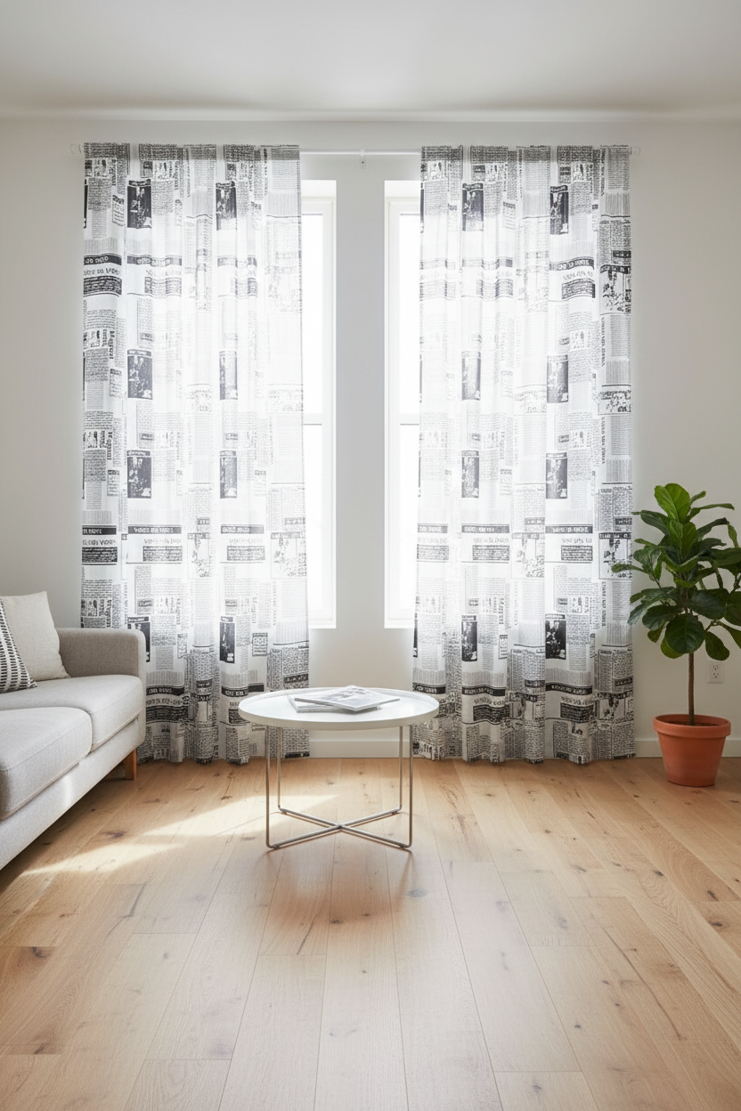 Curtains and window drapes made from white and black newspaper print fabric