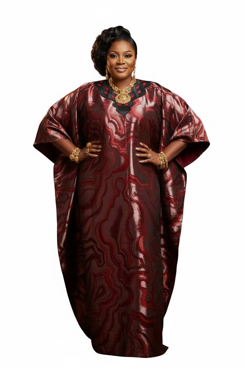 Red Burgundy Black Metallic Maxi Bubu Dress - white background