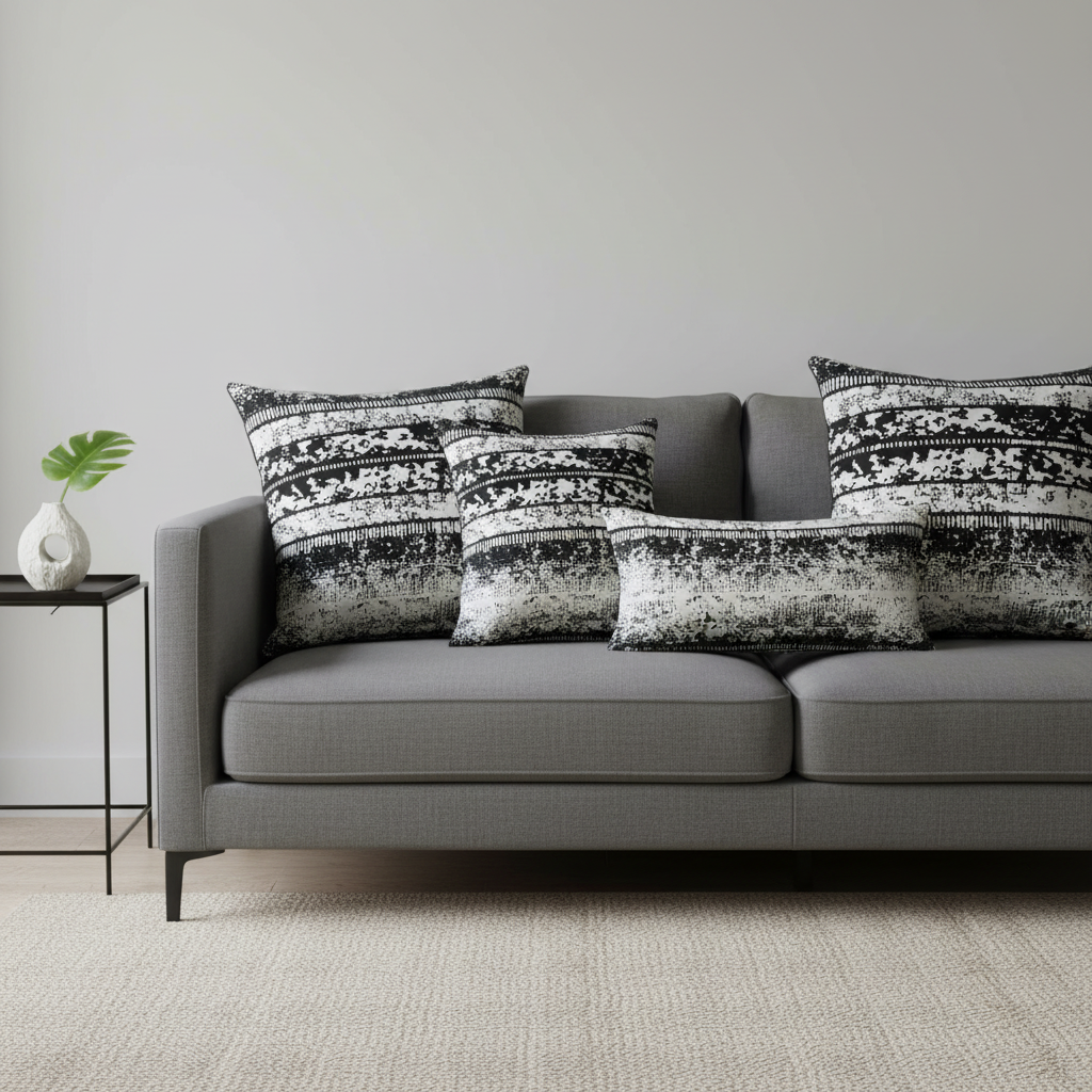 Decorative throw pillows made from black and white tribal Ankara fabric