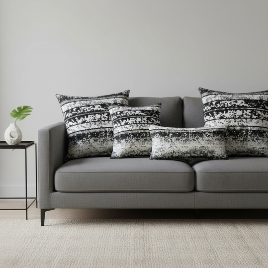 Decorative throw pillows made from black and white tribal Ankara fabric