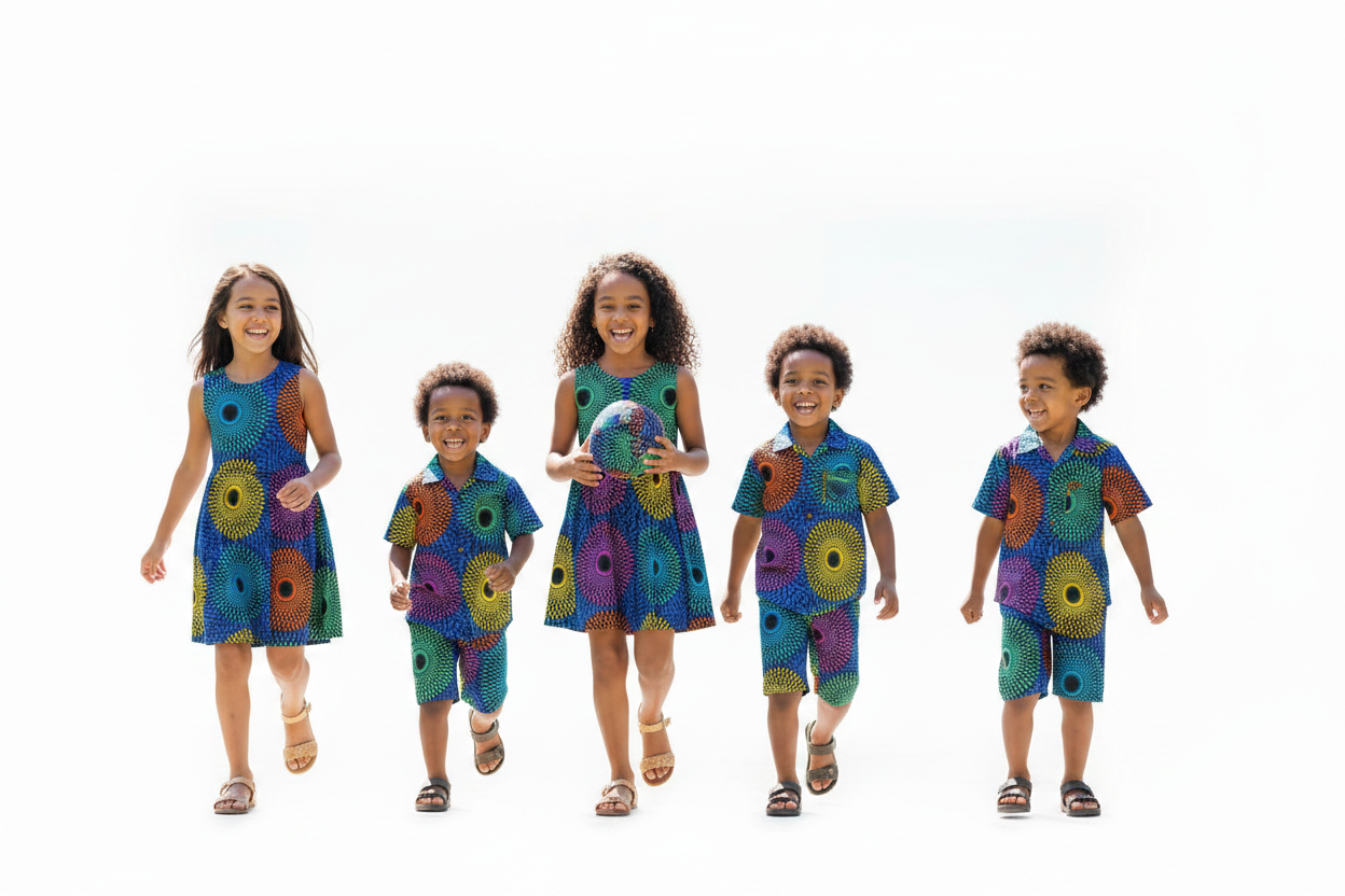Children wearing multicolour sunburst Ankara Kitenge summer outfits on white background