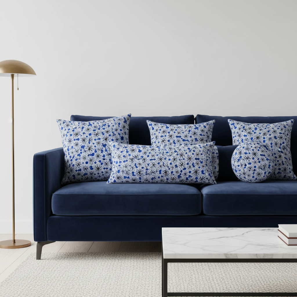 Decorative throw pillows made from white and blue polycotton Ankara fabric