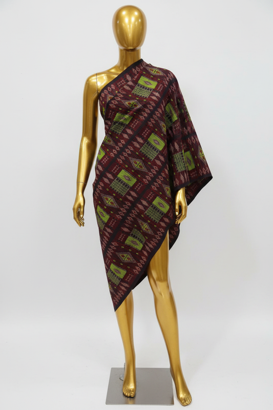 Burgundy and lime green kente geometric Ankara wax print fabric draped on a gold mannequin