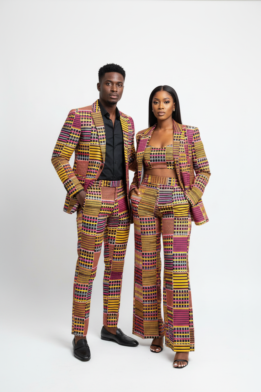 Couple in matching tailored trouser suits made from Kente stripe Ankara fabric in yellow, pink and black