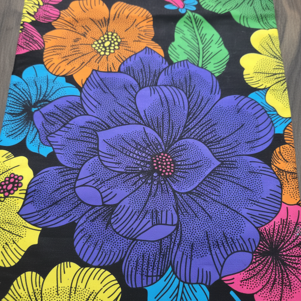 Close-up texture shot of 100% cotton kitenge fabric showing fine weave and vibrant multicolour floral wax print detail
