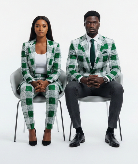 Power couple in Ankara green check blazers, seated boardroom pose