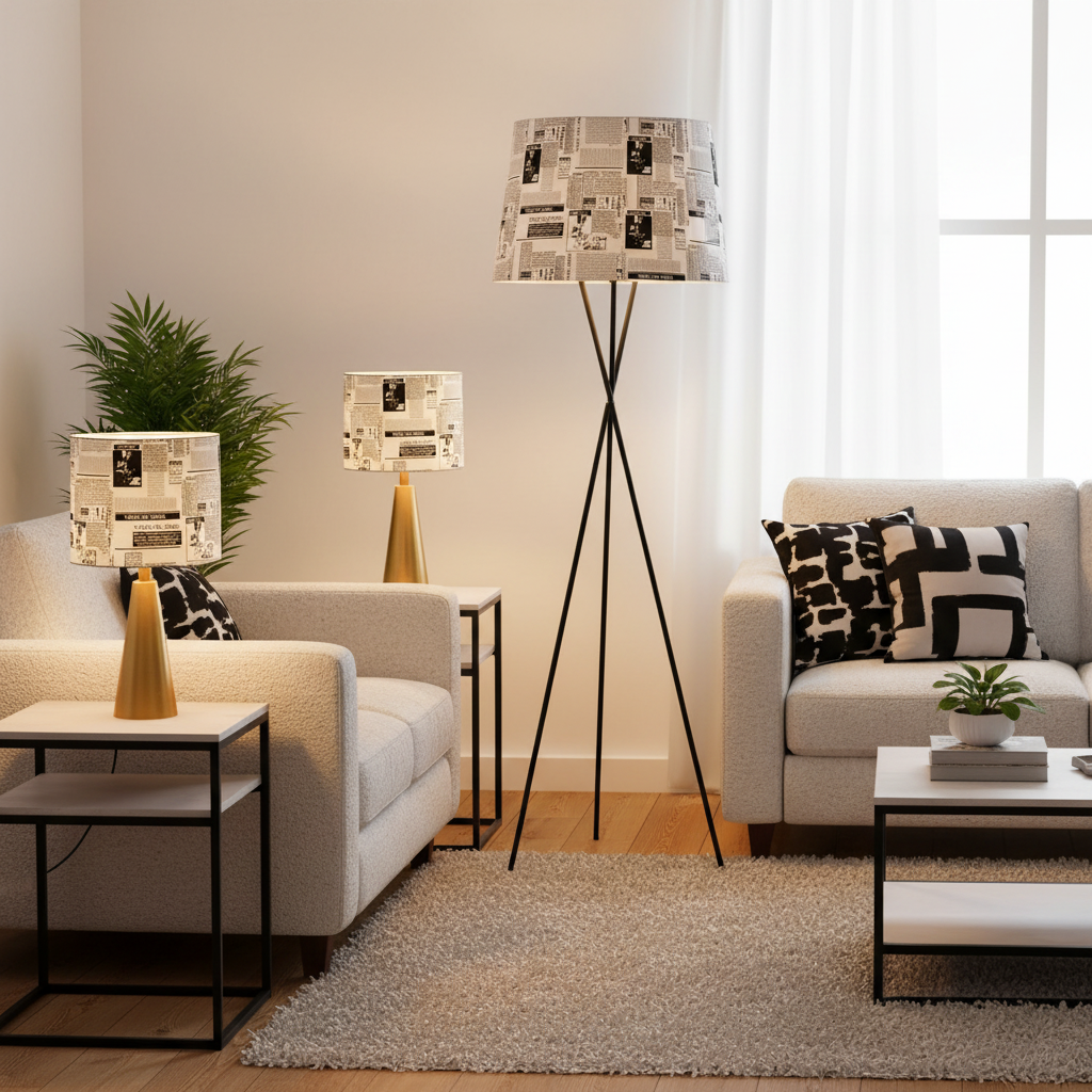 Fabric lampshades made from white and black newspaper print fabric