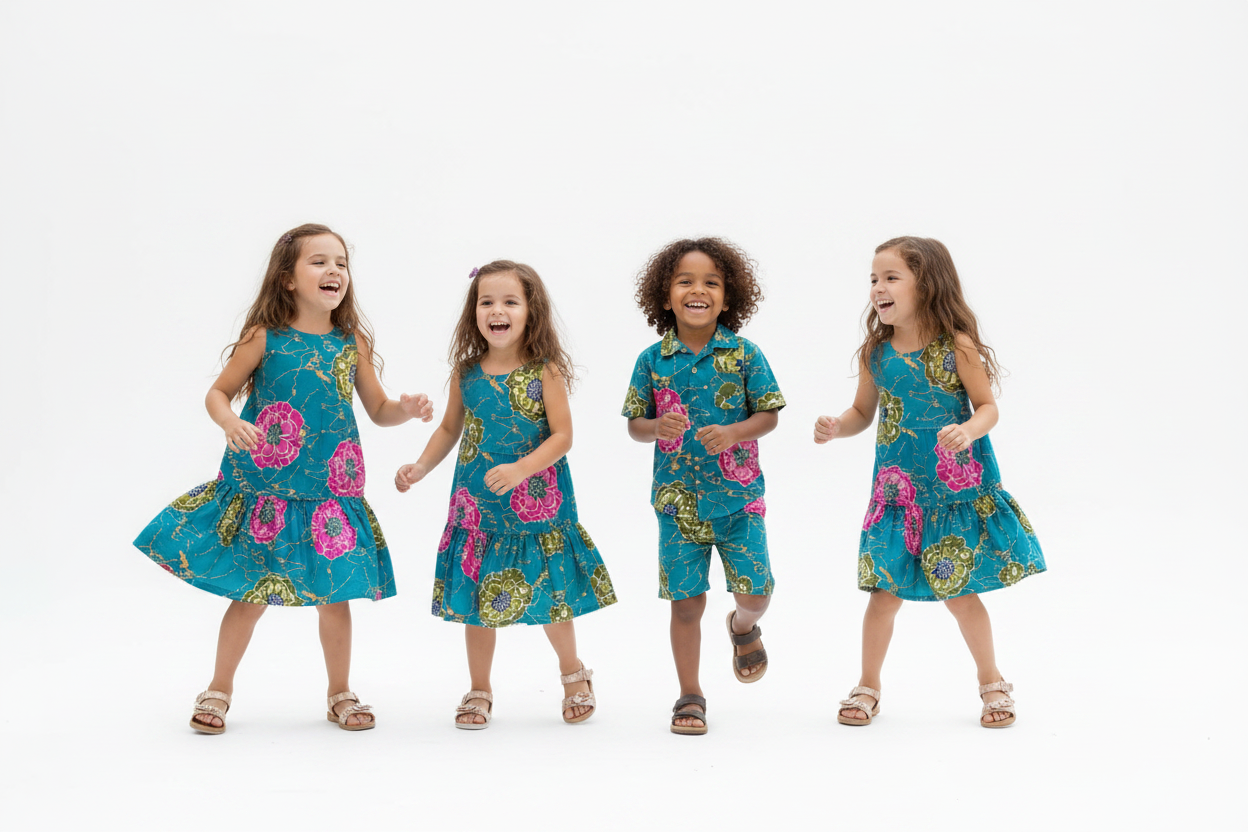 Children in group pose wearing teal floral magenta and olive peony Kitenge summer outfits on white background