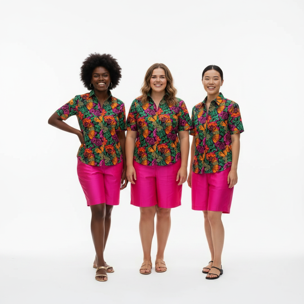 Ladies Floral Ankara Shirt – White Background Group Shot