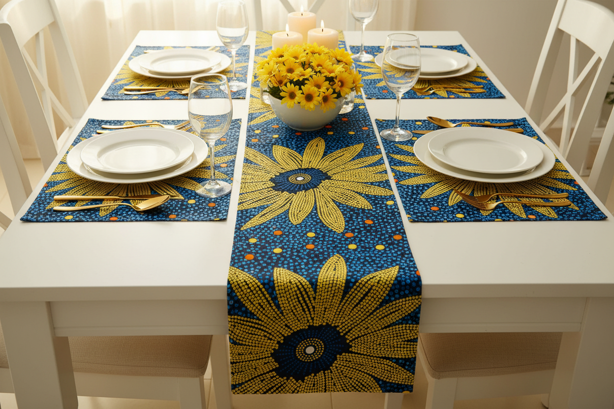 Table runner and placemats made from yellow and blue polycotton Ankara fabric