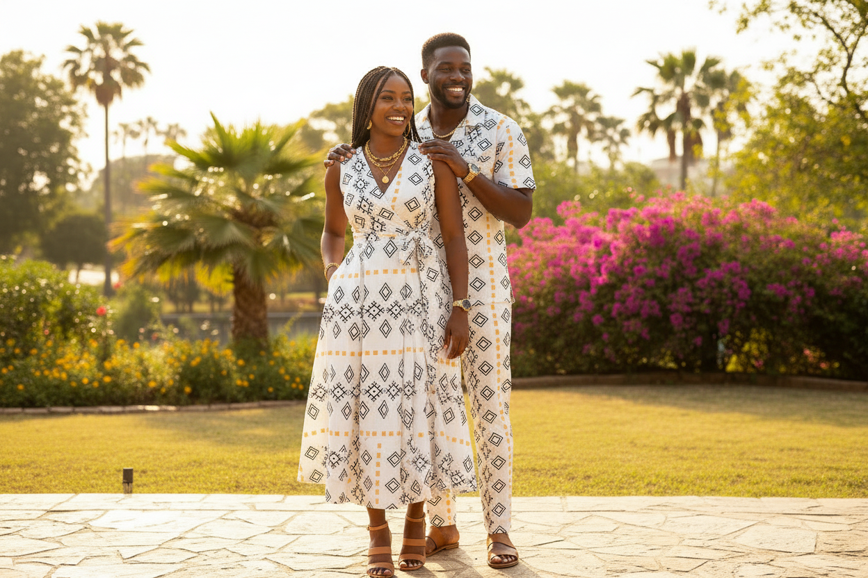 White Black & Yellow Tribal Ankara Fabric - couple pose 2, man behind woman laughing