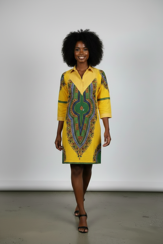 Model wearing Yellow Dashiki Print Shirt Dress – walking pose