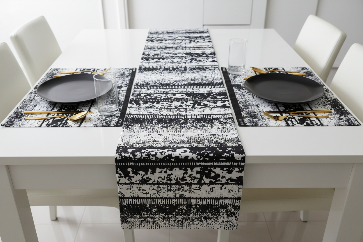 Table runner and placemats made from black and white tribal Ankara fabric